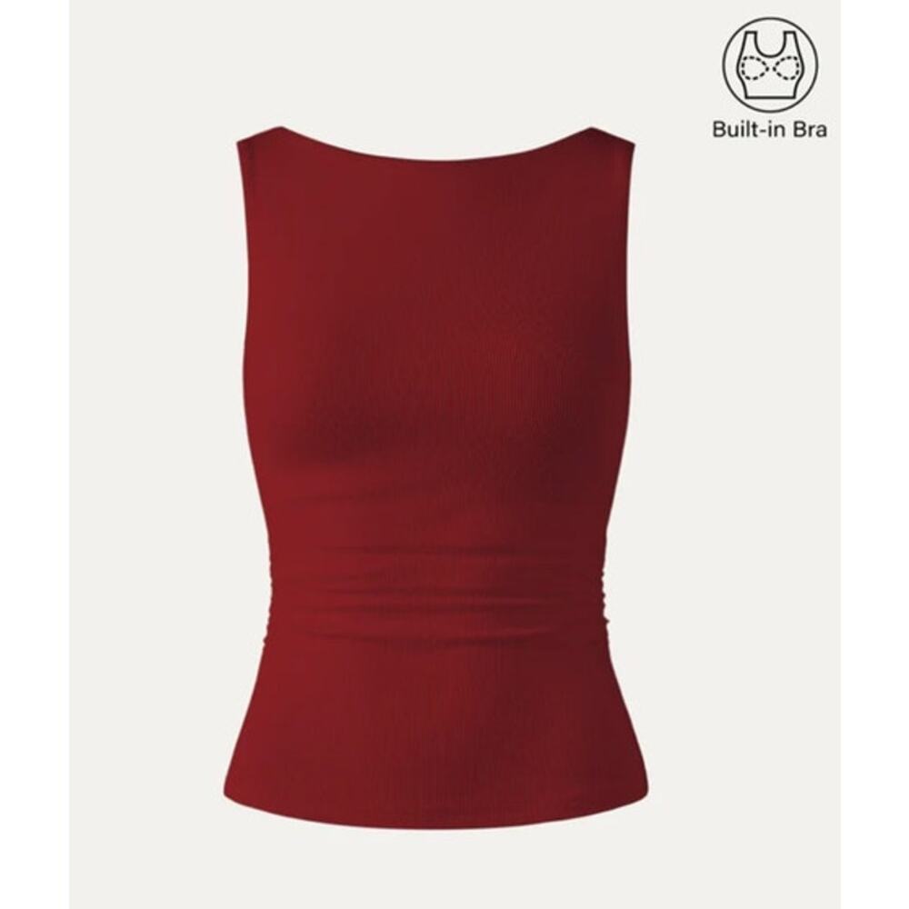 OGL Top Size XS NEW Boat Neck Ruched Elastic Open Back Brami Tank Retro Red - Picture 4 of 15